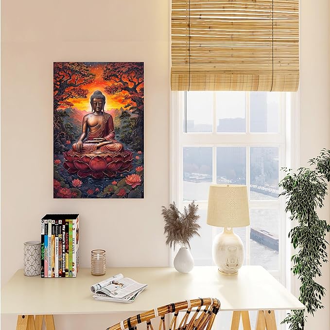 Golden Buddha on lotus seat serene meditation statue amidst lush trees flowing water and sunrise light spiritual home art for a tranquil decor 28x40in Wood Framed