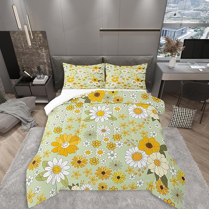 Vintage Floral Bedding Comforters King Size,Boho Spring Fresh Flowers Boys Girls Comforter Set Room Decor,Trippy Hippie Groovy Botanical Modern 3pcs Bedding Set Chic Xmas Present