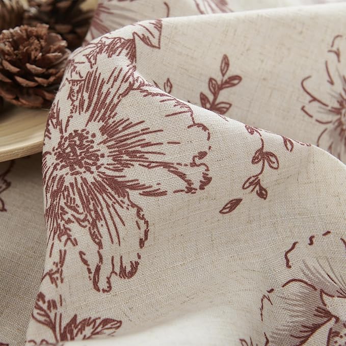 jinchan Linen Blend Curtain Floral Curtains for Living Room 54 Inch Length Christmas Brick Red Printed Curtain Rod Pocket Back Tab Farmhouse Peony Flower Patterned Drapes Curtains Set 2 Panels