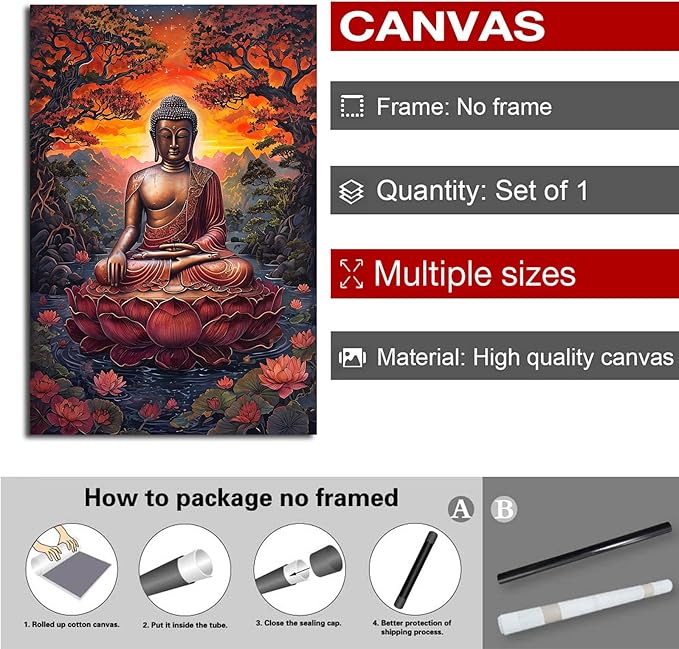 Golden Buddha on lotus seat serene meditation statue amidst lush trees flowing water and sunrise light spiritual home art for a tranquil decor 28x40in Frameless