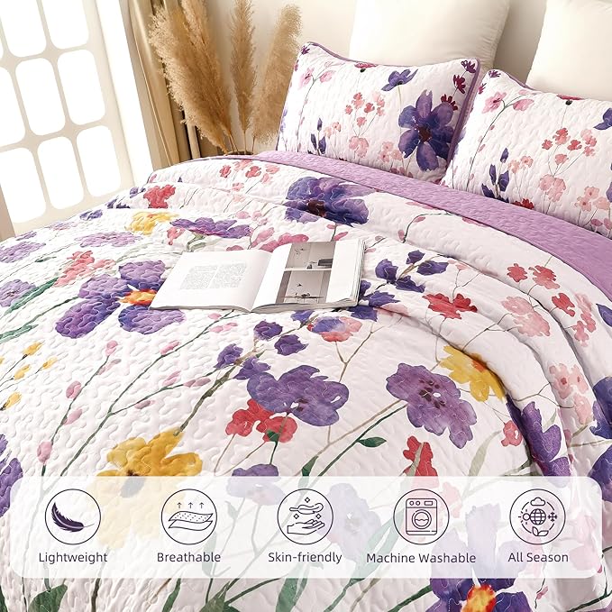 Anibedding Purple Quilt Set King, Floral Pattern Microfiber Bedspreads King Size 3 Pieces Lightweight Reversible Bedding Set with 2 Pillowcases(King, 104"x90")