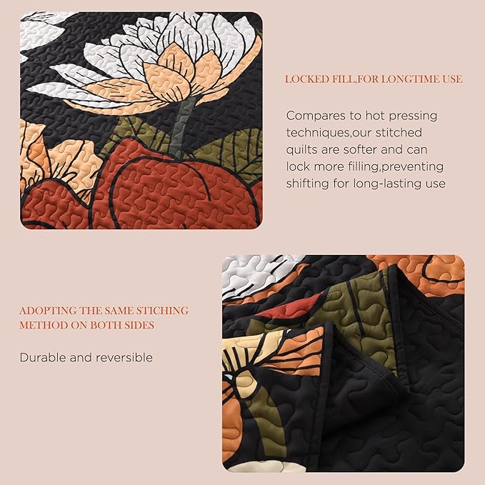 Andency Floral Boho Quilt Super King Plus Size Bedding Set Black, 3 Pieces Farmhouse Flower Botanical Summer Bedspreads with 2 Shams, Soft Reversible Microfiber Coverlet Set for All Season, 128"x120"