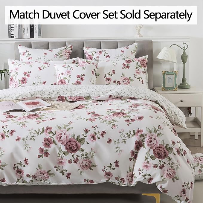 FADFAY Beige Vintage Floral King Size Sheets Set Premium 100% Cotton Shabby Brick Red Rose Pattern Bedding Set Deep Pocket Sheets with 2 Pillowcases Luxury Breathable Soft 4Pcs, King Size