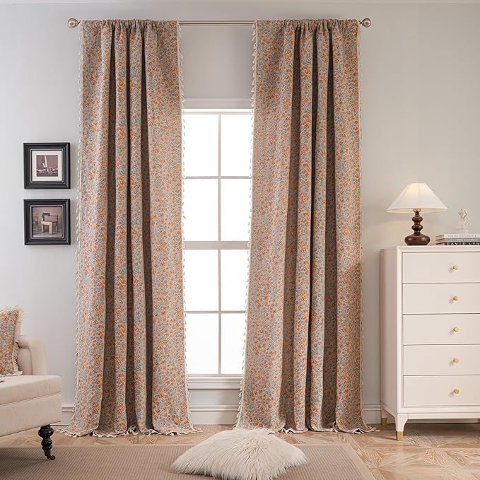 ENJOYBRIDAL Orange Floral Curtains Boho Light Filtering Drapes Vintage Jacquard Rod Pocket Semi Sheer Window Curtains Bedroom Living Room Aesthetic Tassel 84 Inch Length 2 Panels Set Window Treatments