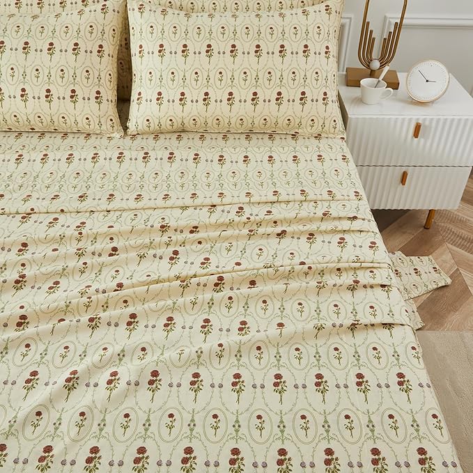 FADFAY Queen Size 100% Cotton Beige Bed Sheets Set Elegant Red Rose Floral Pattern, Soft and Luxurious Shabby Vintage French Country Bedding, 4 Pieces Deep Pocket Fitted Sheet