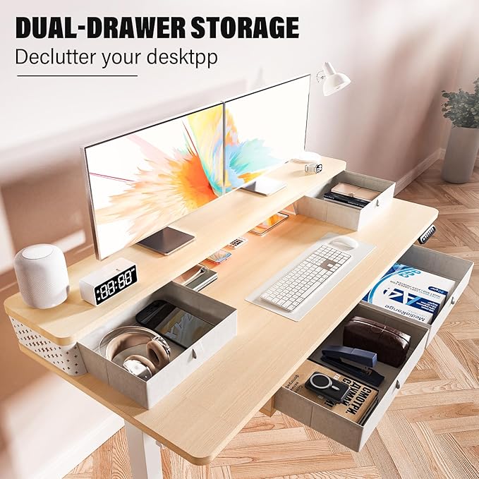 Electric Standing Desk with 4 Drawers 40''x 24'' Small Adjustable Height Sit to Stand Up Desk with Storage Shelf, C-Clamp Mount Compatible Black Home Office Desks Computer Desk Ergonomic Workstation
