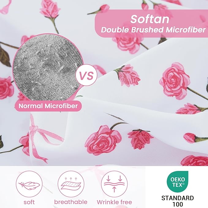Softan Pink Floral Queen Bed Sheets, Cozy Microfiber Flower Printed Sheets with 15" Deep Pocket Fitted Sheet & Non-Slip Straps, Patterned Pink Rose - Bow Sheets & Pillowcase Set