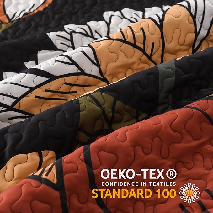 Andency Floral Boho Queen Quilt Bedding Set Black, 3 Pieces Farmhouse Flower Botanical Summer Bedspreads with 2 Shams, Soft Reversible Lightweight Microfiber Coverlet Set for All Season, 90"x96"