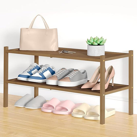 Smiry Bamboo Shoe Rack, 2 Tier Shoe Organizer for Entryway & Closet, Stackable Free Standing Storage Shelf for Shoes, Bags & Plants, Walnut