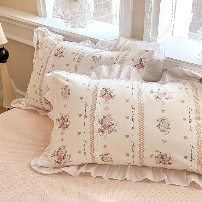 VM VOUGEMARKET Pink Flower Comforter Set Twin White Ruffle Down Comforter with 2 Pillow Shams Cute Romantic Girls Lace Comforter Set Reversible Lightweight(3pcs,Twin XL)