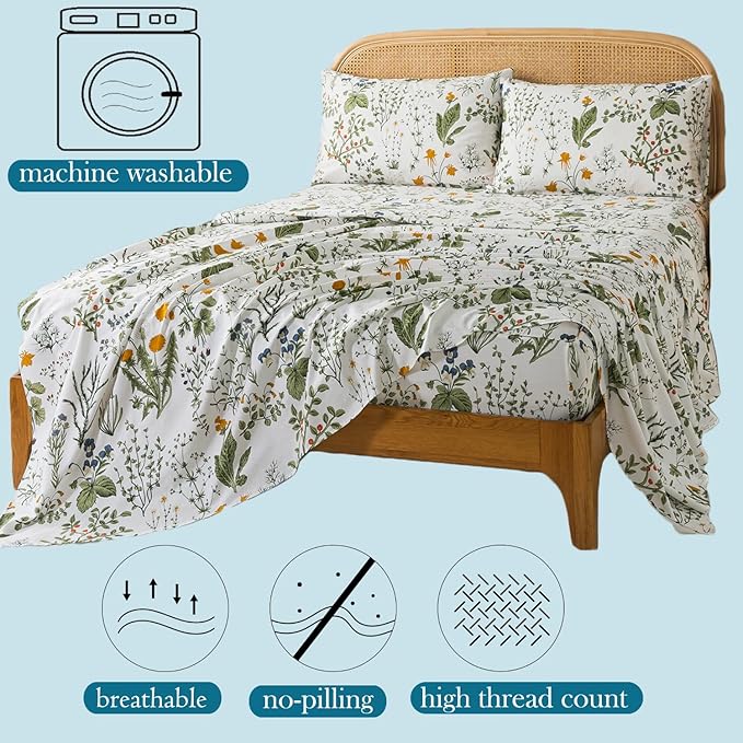Zusbest California King Size Sheet Sets 100% Percale Cotton Green Floral Bed Sheets Yellow Flower & Green Leaves Botanical Pattern Garden Crisp Soft Deep Pocket Fitted Sheet 17.5'' 4Pcs, Cal King