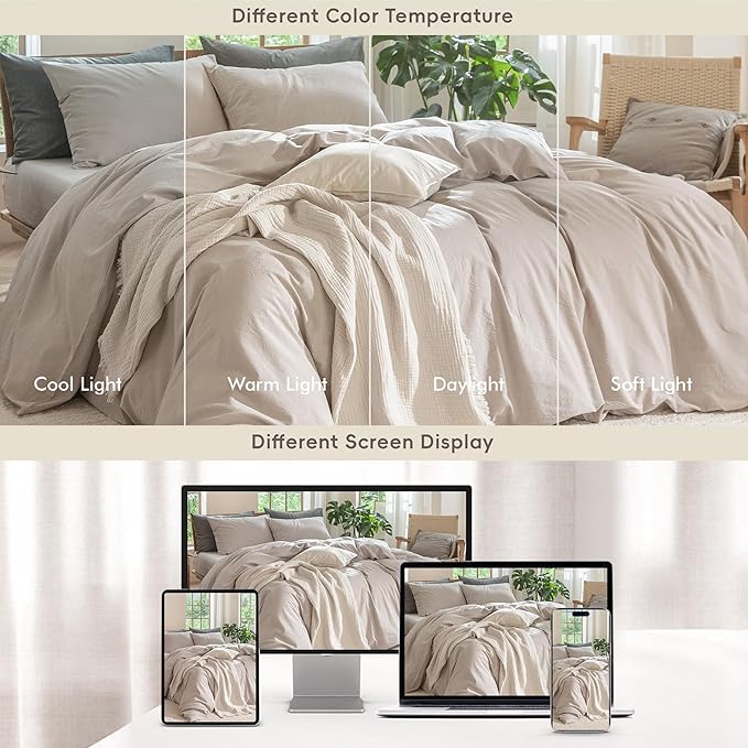 MooMee Bedding Duvet Cover Set 100% Washed Cotton Linen Like Textured Breathable Durable Soft Comfy (Solid Light Tan, Super King Plus 120"x120")