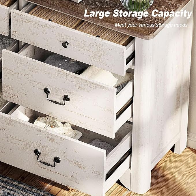 WAMPAT 9 Drawers Dresser for Bedroom, 94.5” W Farmhouse White Dresser with Wide Chest of Drawers for Bedroom, Living Room, Closet, Hallway, Office,White