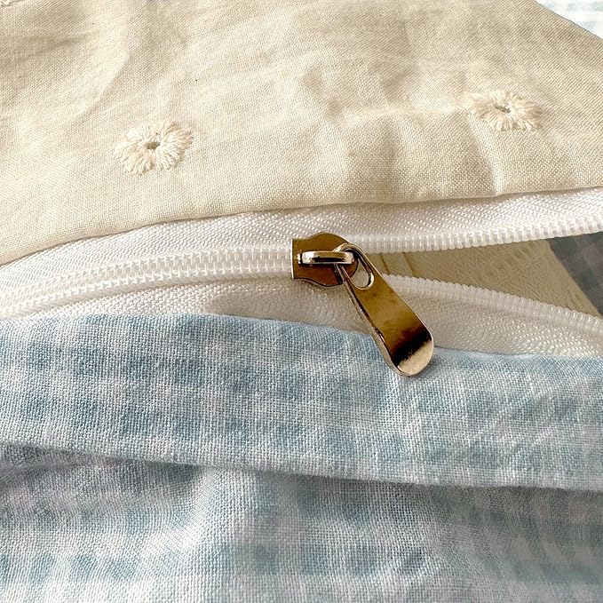 LifeTB Blue Gingham Duvet Cover Twin XL 3 Pieces Blue Plaid Comforter Cover with Chic White Lace Soft Microfiber Checkered Grid Duvet Cover with 2 Pillowcases Breathable Gingham Plaid Bedding Set