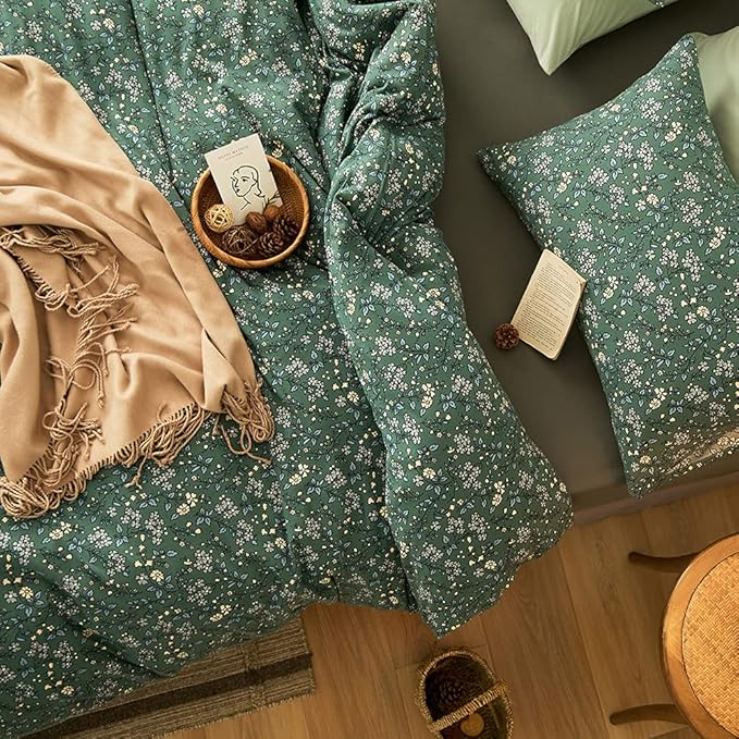 EAVD Vintage Style Green Floral Duvet Cover Twin XL Jersey Cotton Cottagecore Bedding Set with 2 Pillowcases Chic Shabby Botanical Floral Comforter Cover with Zipper Closure