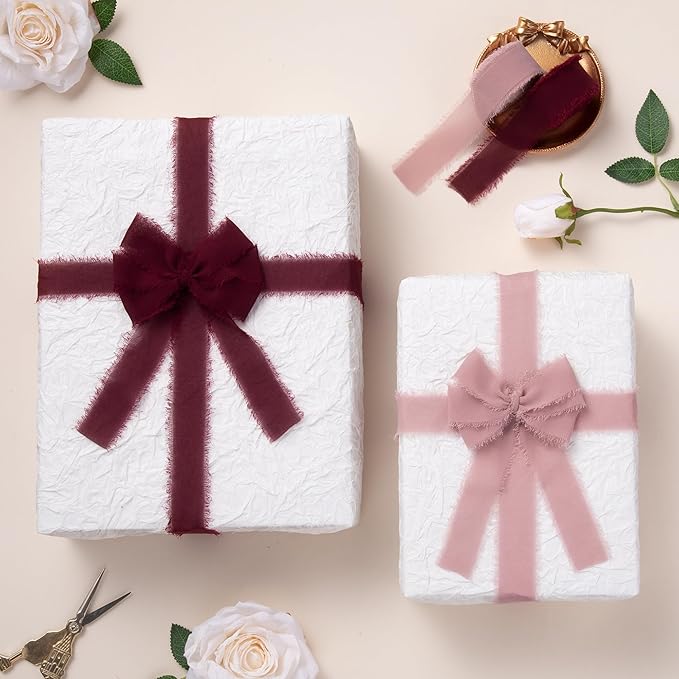 DORIS HOME Burgundy and Pink Chiffon Ribbon for Flower Bouquet, 1" x21Yd Fabric Ribbon for Gift Wrapping, Handmade Frayed Ribbon for Wedding Invitations/Christmas Decorations