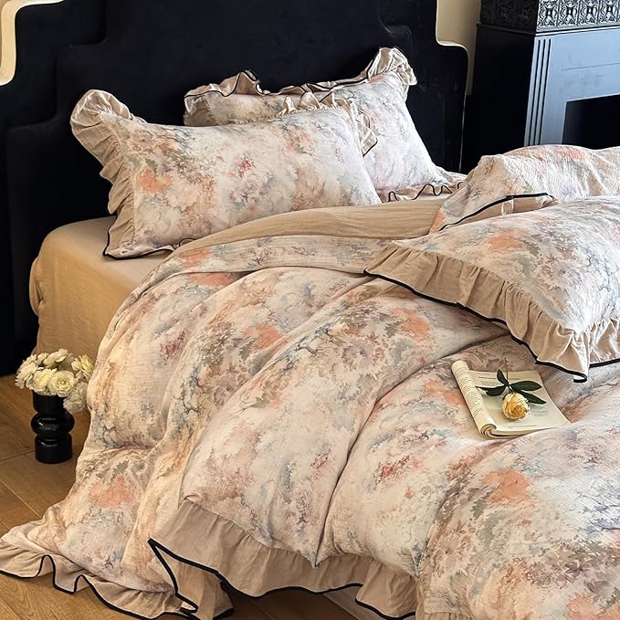 HighBuy Girl French Linen Duvet Cover Full Size,Coquette Ruffle Bedding Beige Jacquard Comforter Cover Set for College,Muslin Yarn-Dyed Cotton Cooling Bedding Set Breathable for Hot Sleepers