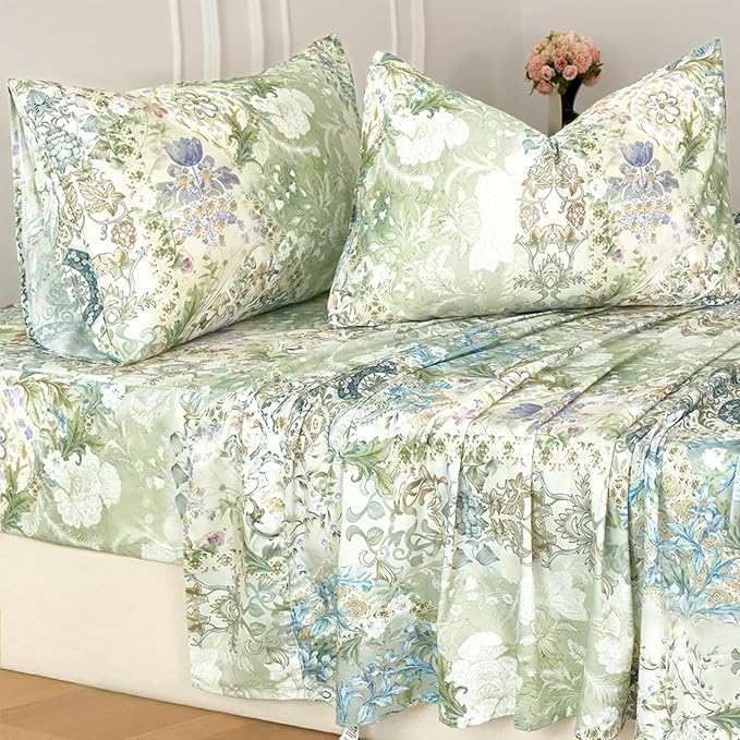 Zusbest King Size Sheets Luxury Sage Green Floral Bed Sheet Set 100% Cotton, Satin Weave Soft Silky Breathable for Hot Sleepers American Country Style Vintage Flower Deep Pocket 17.5‘’ Bed Set 4Pcs