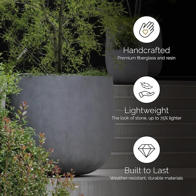Mondo Large Planter – River Stone Finish – Fiberglass Indoor/Outdoor and Weather-Resistant Round Planter (33" D x 30.7" H Exterior, 31.5" D x 30.7" H Interior)