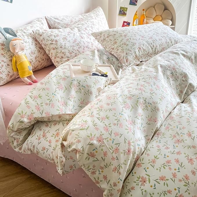 LifeTB 3 Pieces Girls Floral Comforter Set Twin XL Pink Flower Bedding Comforter with 2 Pillowcases Fluffy Cozy Cottagecore Bedding Boho Farmhouse Vintage Botanical Comforter Set for All Seasons