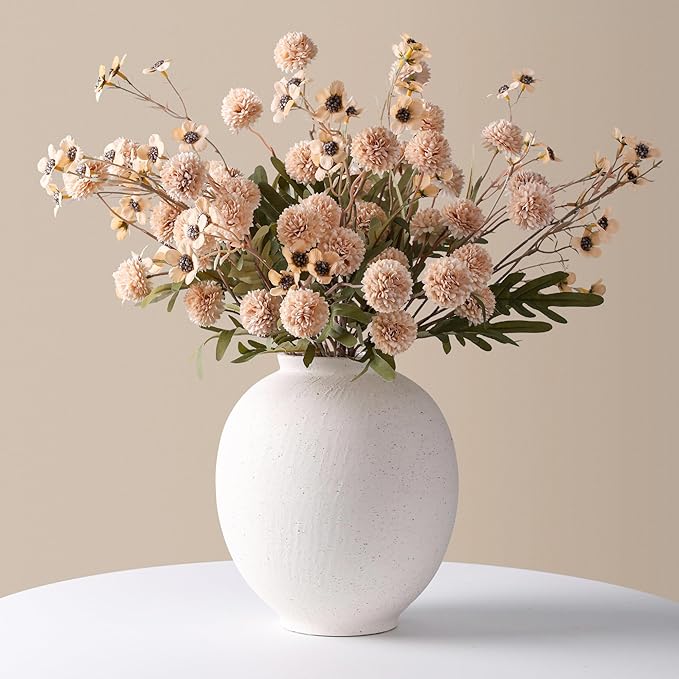 Large White Ceramic Vase, 9.8 inch Rustic Farmhouse Flowers Vase for Home Decor, Sandstone Texture Round Pottery Tall Vase Indoor for Table Living Room Decor