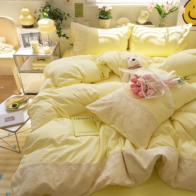 LifeTB Yellow Gingham Duvet Cover Queen 3 Pieces Romantic Lace Comforter Cover Soft Microfiber Cream Yellow Grid Duvet Cover Farmhouse Plaid Checkered Comforter Cover Grid Gingham Bedding Set