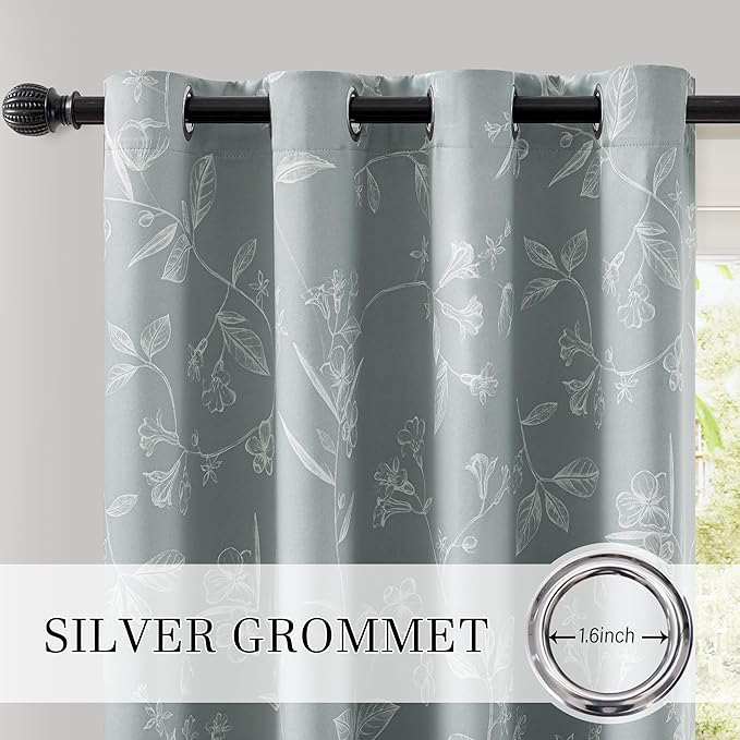 ChrisDowa Grey 100% Blackout Floral Curtains 72 Inches Long 2 Panels for Bedroom Living Room White Flower Patterned Room Darkening Thermal Insulated Soundproof Grommet Window Treatments Drapes,52X72