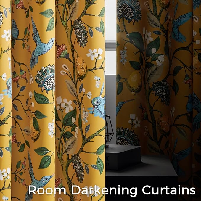 Floral Pattern Curtains for Living Room 72 Inches Long Luxury Whimsical Mustard Yellow Lemon Design Hummingbird Colorful Pinch Pleated Blackout Drapes for Bedroom Dining Room 2 Panels