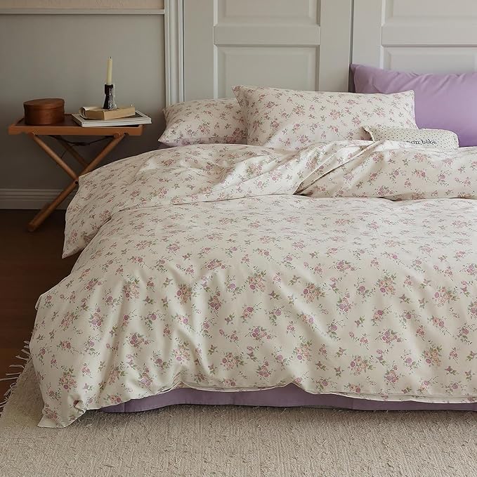 Vintage Garden Floral Comforter Set Full Size Cute Pink Floral Bedding Comforter Soft Fluffy Reversible Botanical Flowers Comforter with 2 Pillowcases Boho Cottagecore Bedding Full Comforter Set