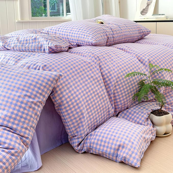 LifeTB Purple Gingham Comforter Queen Comforter Set Fluffy Soft Plaid Checkered Pattern Comforter Purple Pink Gingham Bedding Set Farmhouse Grid Plaid Comforter Set for All Seasons Queen Size