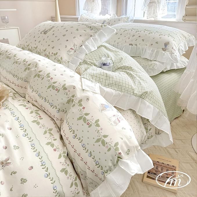 VM VOUGEMARKET Girls Flower Comforter Set Green Leaves with Cute Rabbit Comforter with 2 Pillow Shams Romantic Ruffle Down Comforter Set(3pcs,Queen)