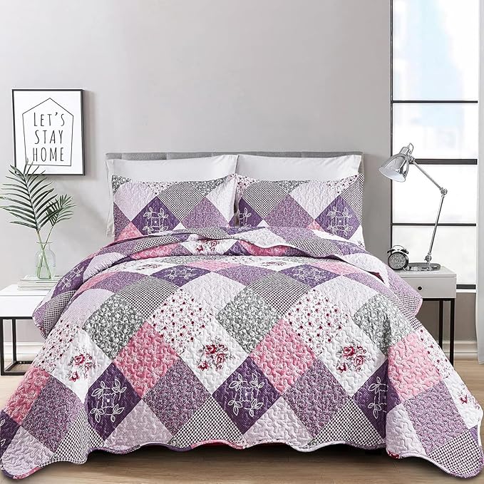 Dinjoy Purple Quilt Set California King Size, Reversible Floral Plaid Patchwork Pattern Bedding Set Soft Microfiber Lightweight Bedspread 3 Piece Summer Fall Use(106x96 inches, Cal King)
