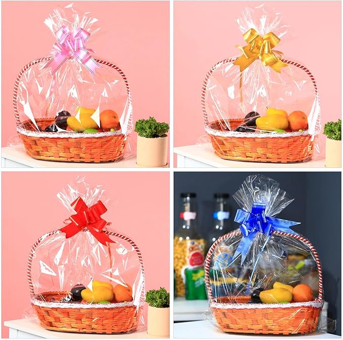 50 Packs 32 x 40 Inches Cellophane Bags for Basket Extra-large Jumbo Clear Cellophane Wraps Clear Huge Cello Bags for Baskets, Gifts, Christmas Trees, Treats, Arts and Crafts, 50ct Ribbon Bows