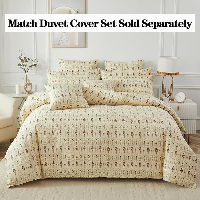 FADFAY Queen Size 100% Cotton Beige Bed Sheets Set Elegant Red Rose Floral Pattern, Soft and Luxurious Shabby Vintage French Country Bedding, 4 Pieces Deep Pocket Fitted Sheet