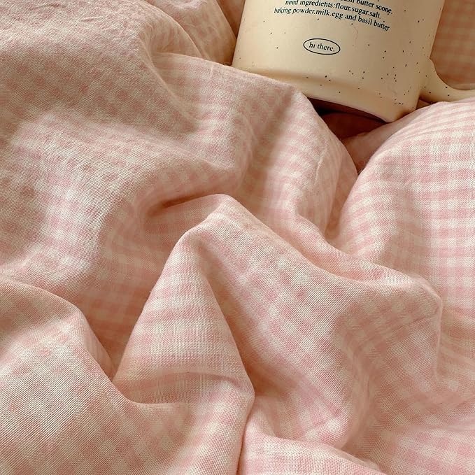 LifeTB Pink Gingham Comforter Set King Fluffy Soft Microfiber Pink Grid Bedding Comforter Romantic Lace Style Farmhouse Gingham Bedding Set Vintage Plaid Checkered Comforter Set for All Seasons
