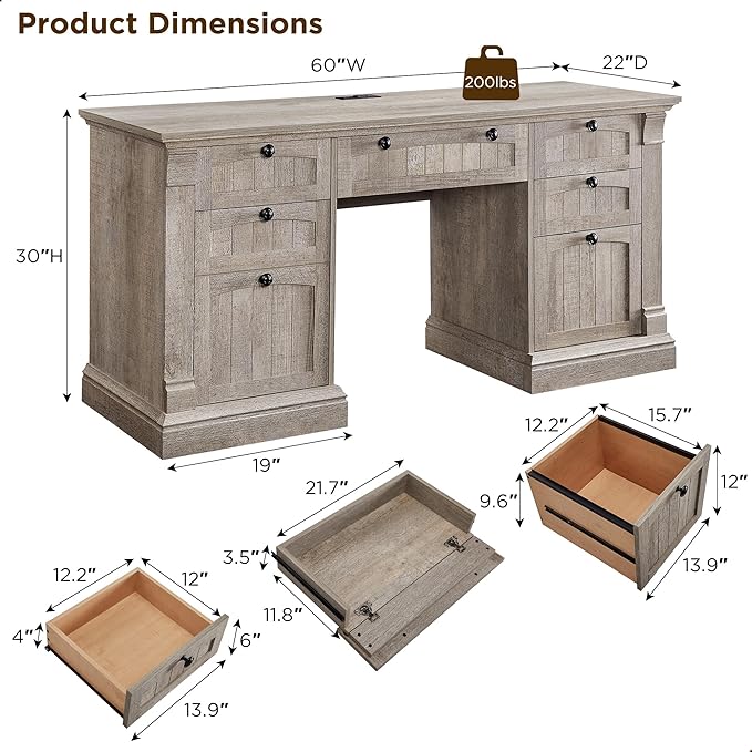 OKD 60" Executive Desk with Drawers, Farmhouse Home Office Desk with Charging Station, Keyboard Tray, File Cabinet Storage, Wood Computer Desk for Work and Study, Light Rustic Oak