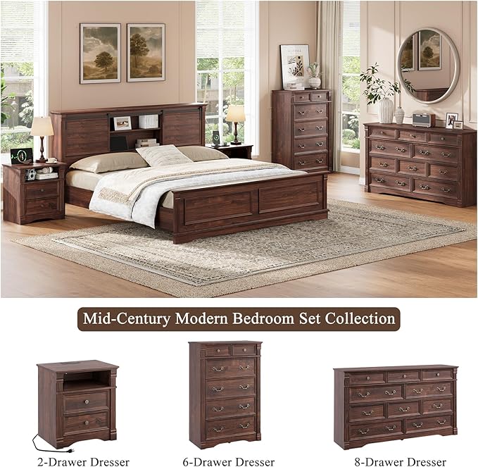 Walnut Nightstand with Charging Station, Farmhouse Bedside Table, End Table with 2 Drawers and Chic Wood Pilasters Design, Wood Side Table with Metal Handles for Bedroom, Living Room