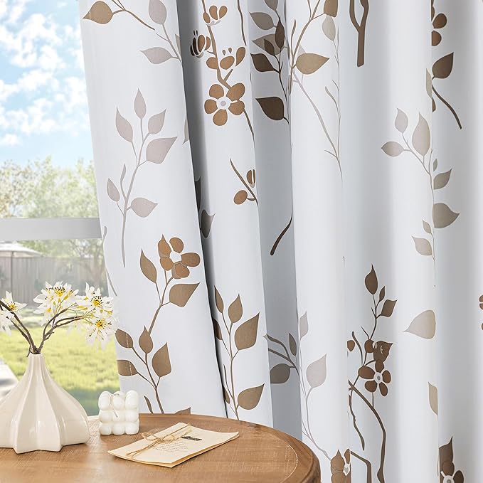 Beauoop Floral 100% Blackout Curtains 96 Inches Long 2 Panels for Bedroom Living Room Tan Brown and White Flower Patterned Room Darkening Thermal Soundproof Grommet Window Treatments Drapes, 52X96