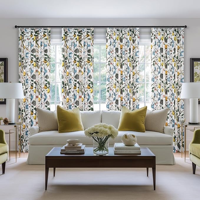 Pinch Pleated Curtains Floral Cottage Core Curtains for Living Room 90 Inches Long Blue and White Vintage Hummingbird Lemon Blackout Drapes for Bedroom with Hooks Set 2 Panels