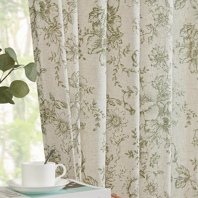 jinachan Linen Blend Floral Curtains for Living Room 96 Inch Length Christmas Sage Green Printed Curtain Rod Pocket Back Tab Farmhouse Peony Flower Patterned Drapes Bedroom Curtains Set 2 Panels