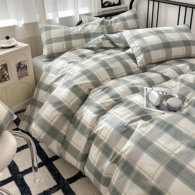 Plaid Full Size Comforter Set Geometric Plaid Grid Comforter Set Fluffy Soft Microfiber Bedding Comforter Farmhouse Checkered Comforter Set for All Season 3 Piece Plaid Bedding Comforter Set Full Size