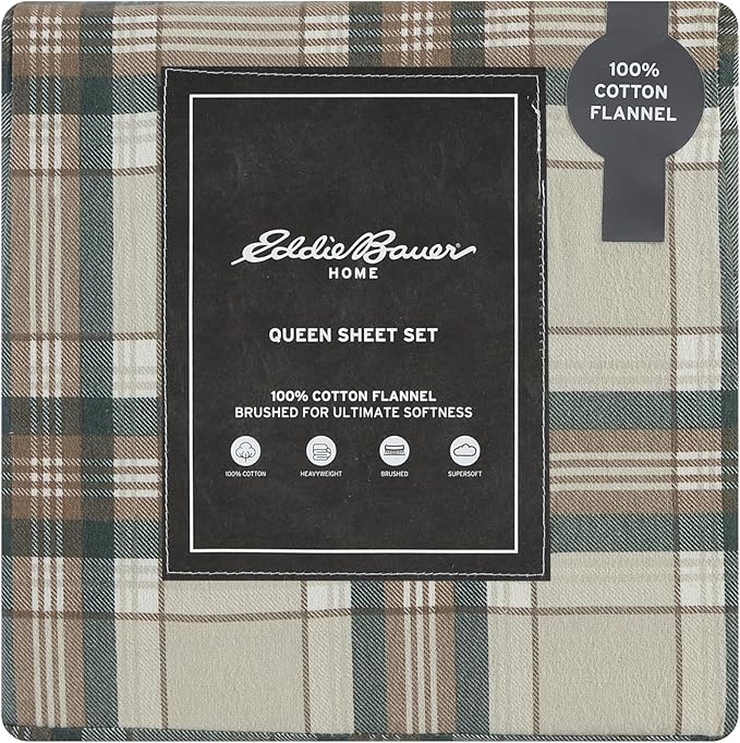Eddie Bauer - Flannel Sheets King Size, Anti-Pilling & Wrinkle Resistant Cotton, Touchably Soft for All-Season Comfort - Bed Sheets with Matching Pillowcases & Fitted Sheet (Edgewood Plaid Green)