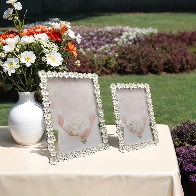 5X7 Wedding Picture Frame with Enamel Finis Glass Front - Ornate Antique White Flowers Photo Frame Tabletop/Wall Vintage Display Gifts for Women