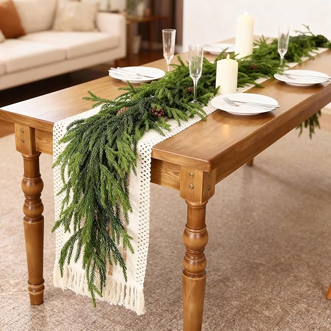 6FT Real Touch Norfolk Pine Garland - Artificial Christmas Garland Fake Green Faux Pine Needles Garland for Table Fireplace Mantle Holiday Home Indoor Outdoor Decor (1PCS)