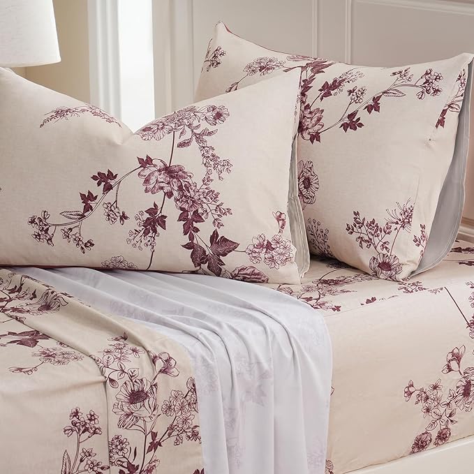 Zusbest Full Size Sheets 100% Percale Cotton Red Floral Bed Sheet, Brushed for Extra Softness, Breathable Luxury Toile Flannel Like Sheets Shabby Vintage Deep Pocket Bed Set 17.5'' 4 Pcs