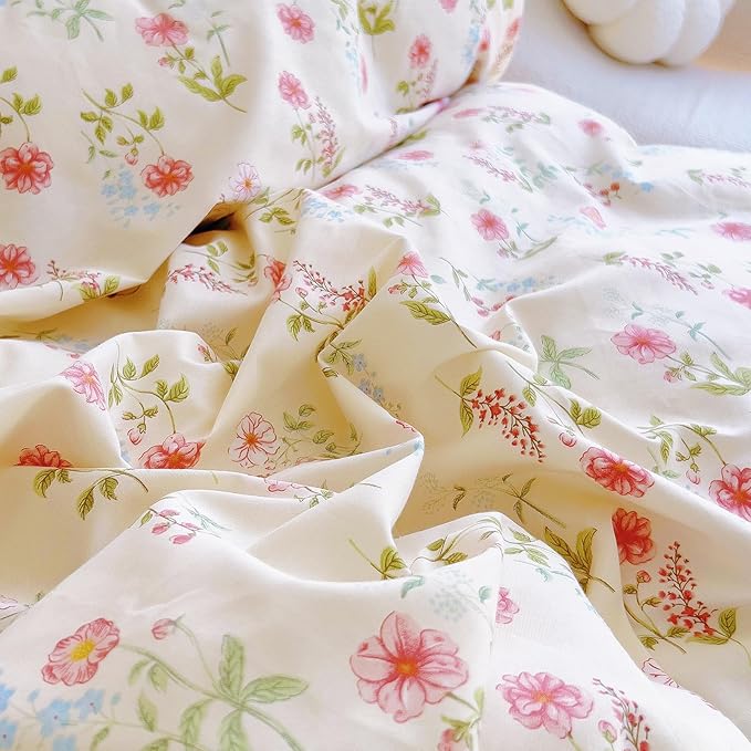 EAVD French Garden Pink Flower Duvet Cover Twin with Ruffles Soft Cotton Shabby Chic Cute Flower Bedding Set for Girls Boys with 2 Pillowcases Aesthetic Botanical Duvet Cover with Zipper Closure