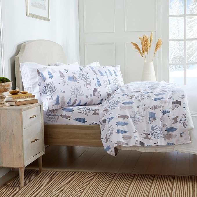 Market & Place 100% Turkish Cotton Flannel Sheet Set | 3 Piece Deep Pocket Novelty Cozy Winter Bed Sheets | Double Brushed for Extra Softness & Comfort | Alpine Collection (Twin, Winter Wildlife)