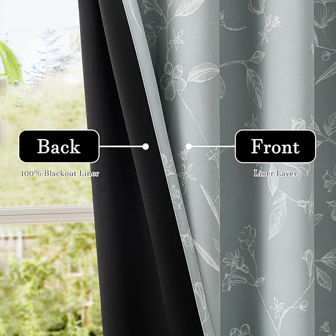 ChrisDowa Grey 100% Blackout Floral Curtains 63 Inches Long 2 Panels for Bedroom Living Room White Flower Patterned Room Darkening Thermal Insulated Soundproof Grommet Window Treatments Drapes,52X63