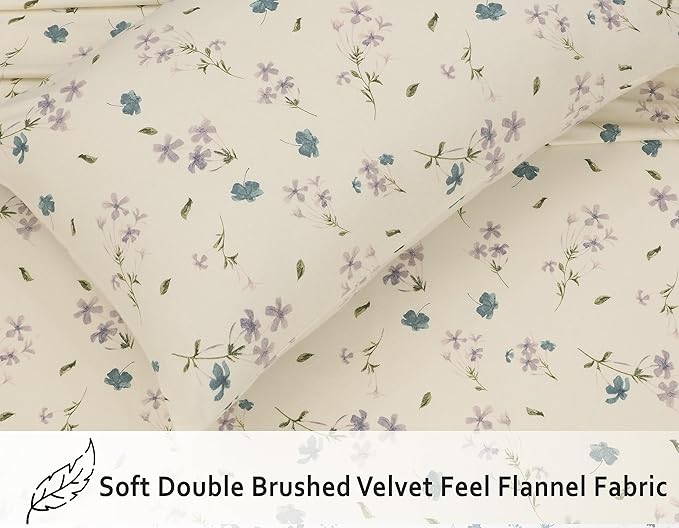 RUVANTI Flannel Sheets Twin XL Size - 100% Cotton Double Brushed Twin XL Sheet Sets, Deep Pockets 16 Inches, All Seasons Breathable & Extra Soft Bed Sheets, Warm & Cozy, 3 Piece, Jasmine Stamp Cream