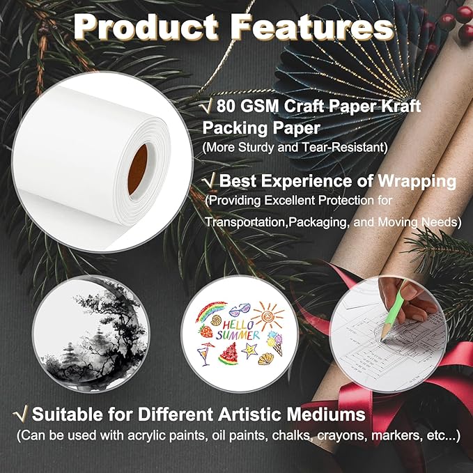 PATIKIL Wrapping Paper, 15"x800"(66') Bulletin Board Paper Roll Kraft Paper Roll Construction 80GSM for Shipping Packing Gift Wrapping Craft Flower Bouquet Christmas, White